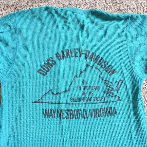 Vintage 90s Harley Davidson Teal Thermal Waffle Knit Top XL Flames Eagle 1993 - Picture 9 of 13